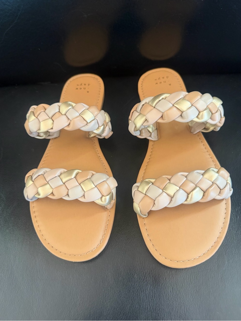 A New Day Lucy braided double strap slide sandal , tri colors woven tan gold